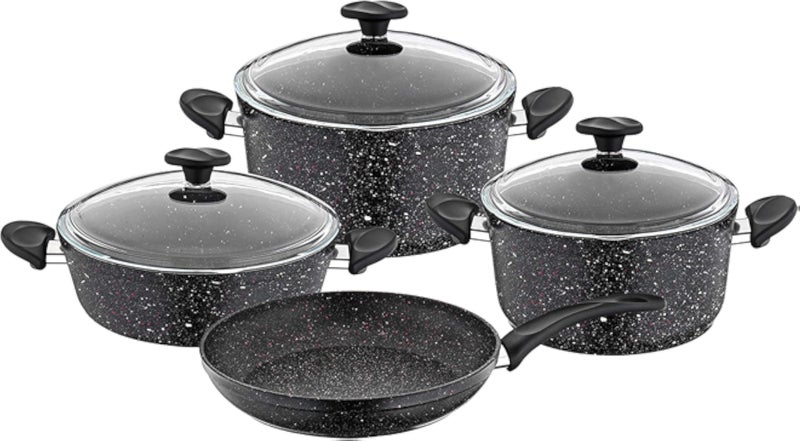 WILMA - 7 PCS SET (BLACK): Casserole 20-24 cm Flat Casserole 26 cm Maxı Fry Pan 26 cm - Black-Gas Stove - Made in Turkey